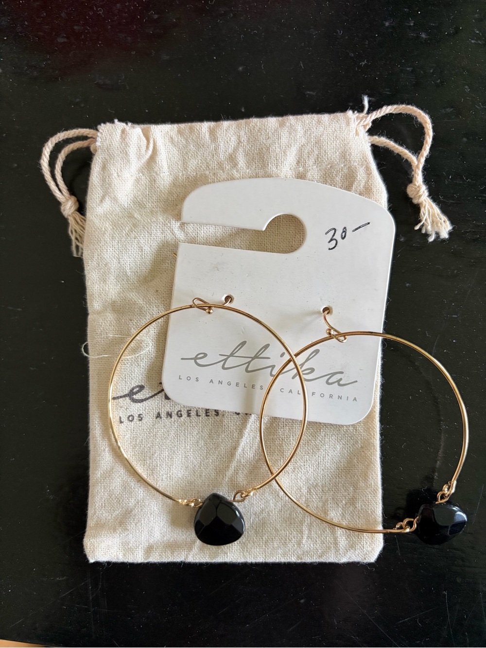 ettika Gold Hoops with Black Faceted Stones